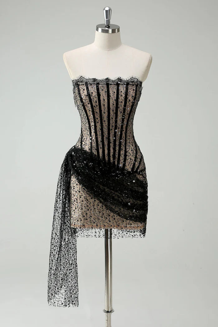 Weitese Dress Sparkly Black Strapless Sequin Short Homecoming Dress Streamer Lace Up Party Dress